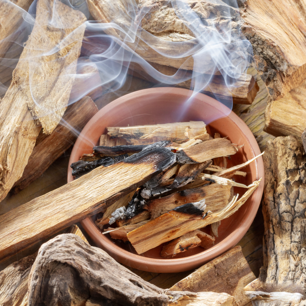Een brandend stokje palo santo hout in een schaaltje, met nog meer brokjes hout eromheen