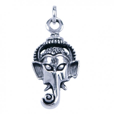 Een zilveren hangertje in de vorm van Ganesha's hoofd. Dit is een knop naar de Tara webshop.