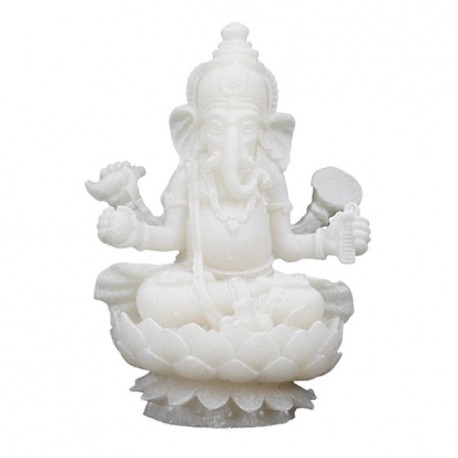 Een wit beeldje van Ganesha, gemaakt van albast. Dit is een knop naar de Tara webshop.